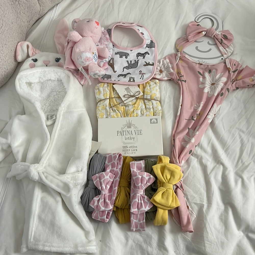 Brand new baby girl swaddle, knotted gown, robe, bows